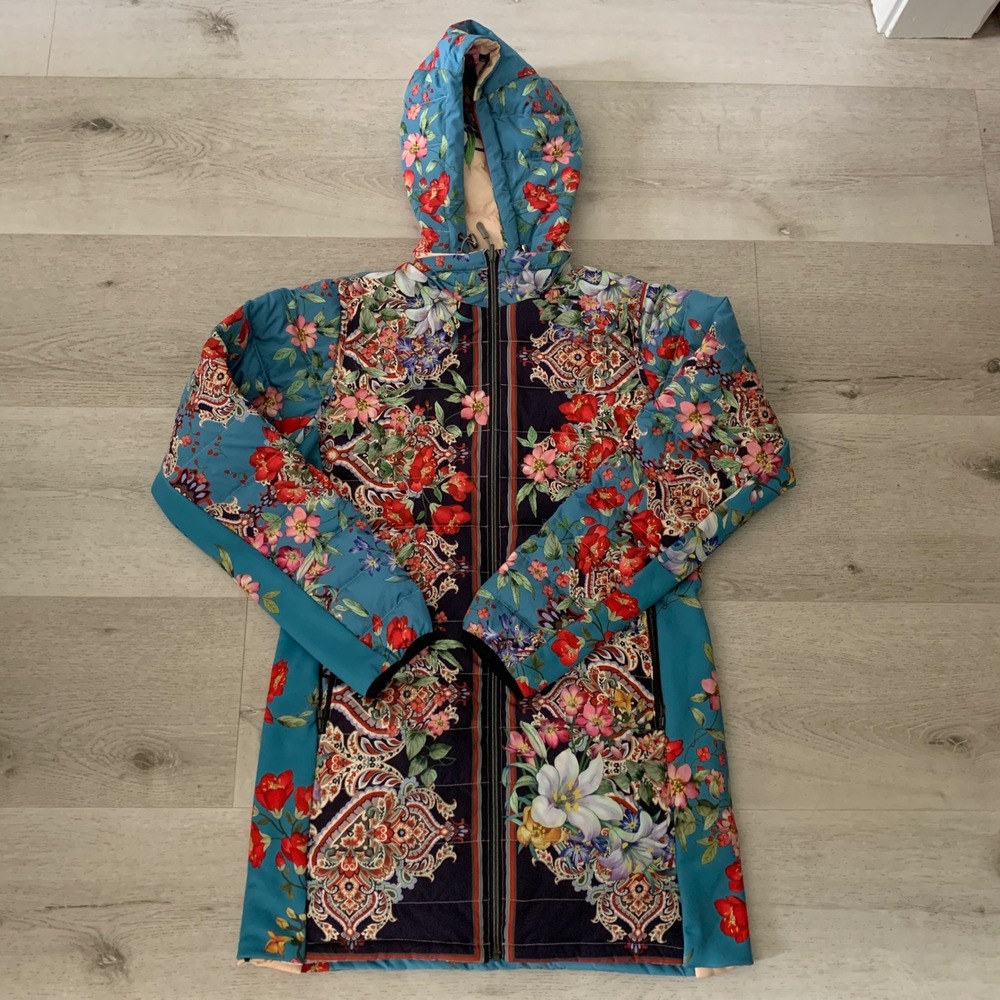Johnny Was Reversible Floral Paisley Puffer Parka Hooded Jacket Blue Tan